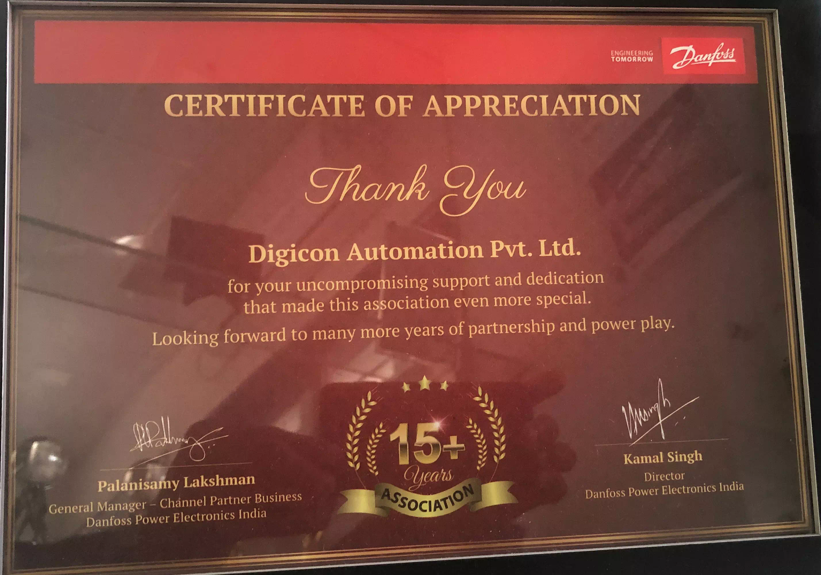 Danfoss Drives Letter of Aprreciation